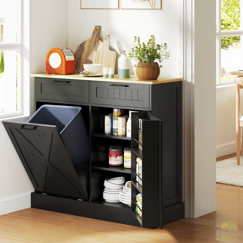 Tilt Out Trash Cabinet, Kitchen Island with 2 Drawers,wood, Black