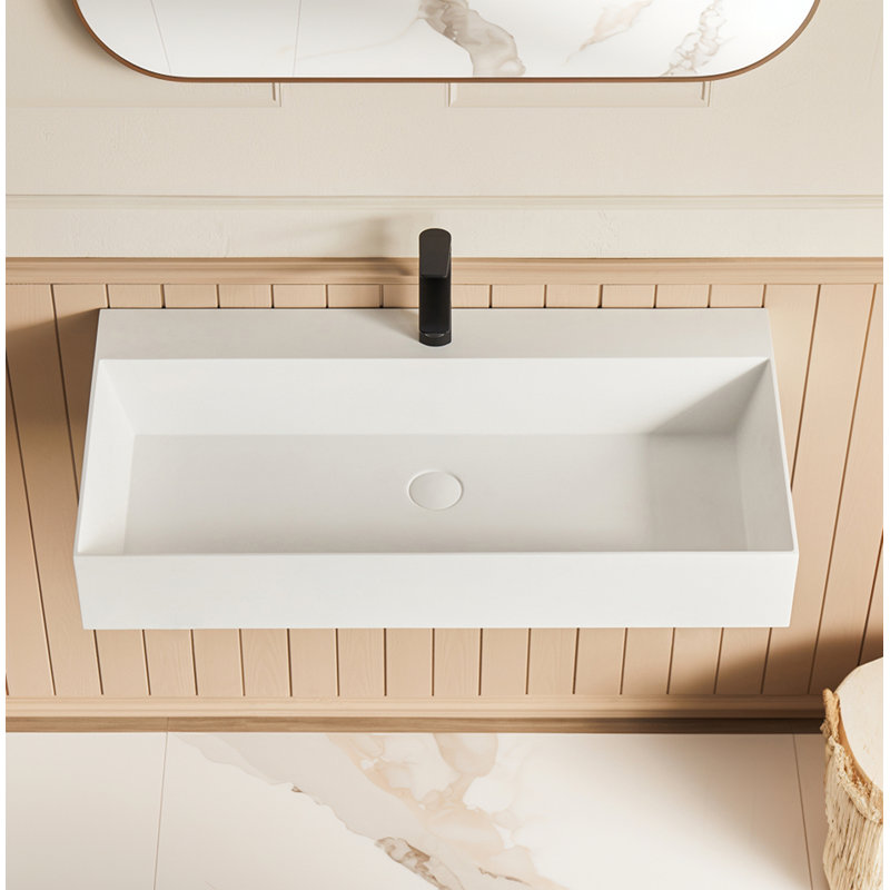 36" X 18" Solid Surface Wall Mount Rectangle Matte White Vessel Sink With Faucet Hole
