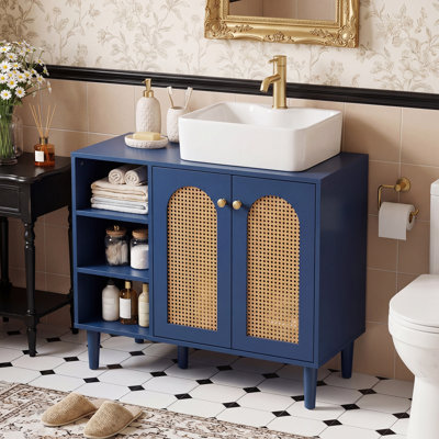 Armoire sous l'évier 36 po, base avec évier Boho et portes en rotin
