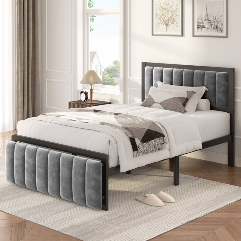 Lit avec pied de lit pliable, cadre de lit plateforme avec tête de lit, support de lattes en métal robuste, Lit simple