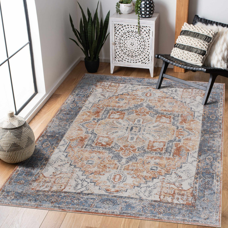 Medallion Design Performance Gray/Brown/Blue Machine Washable Area Rug, Rectangle 7'10" x 10'