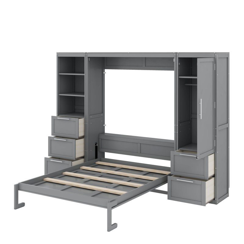 Grand lit escamotable avec tiroirs et tablettes, Gris