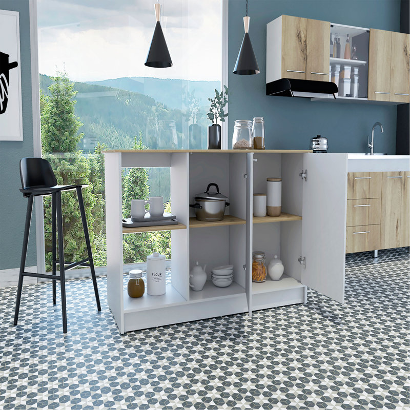 Îlot de cuisine avec grand comptoir, tablettes de rangement ouvertes et armoire à deux portes, White/Oak
