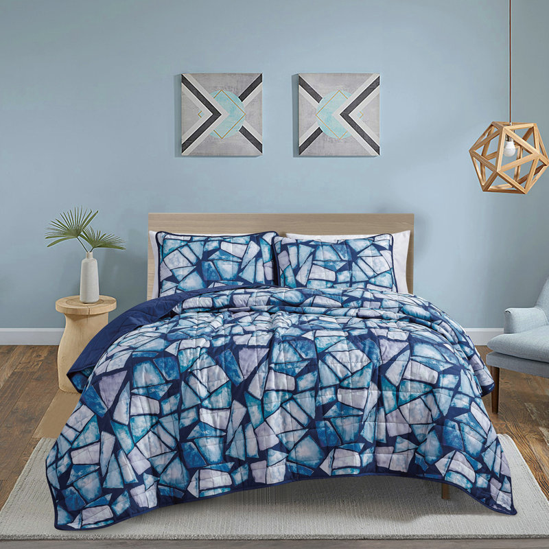 Ensemble de couvre-lit réversible à motif géométrique bleu 3 pièces, très grand