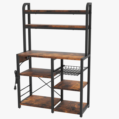 6-Tier Microwave Stand with Power Outlet, Tall Storage Shelf Rack with 150 lbs Capacity, Engineered Wood & Iron Frame Utility Organizer for Kitchen, Garage, Pantry, Brown