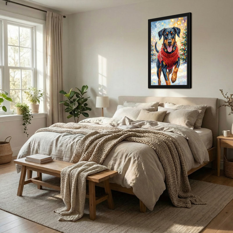 Animaux, chien, chandail rouge, scène de Noël, H 18 po x l 12 po