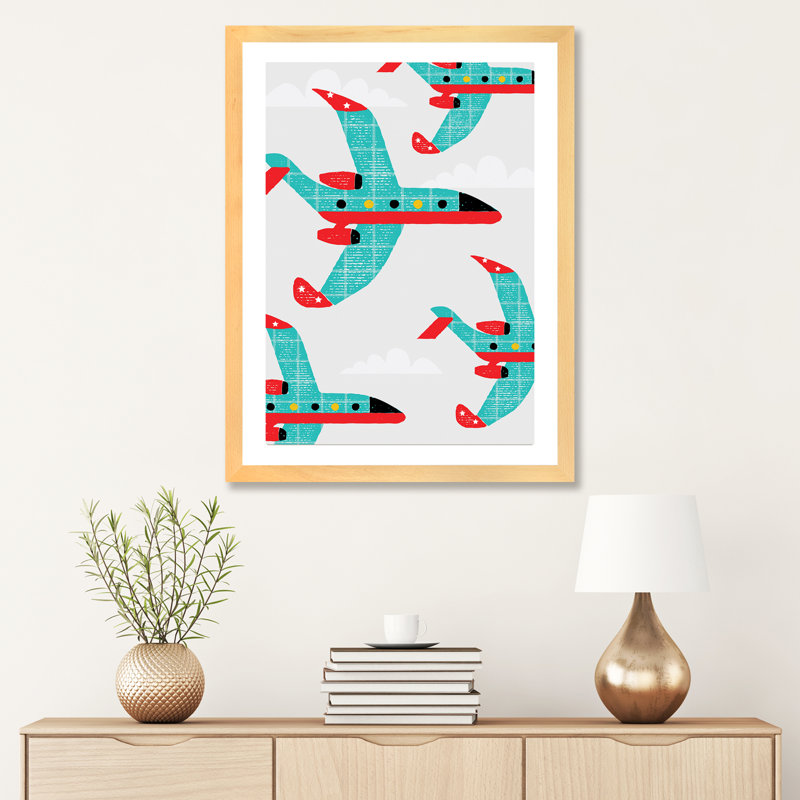 In the Air Planes - impression d'art graphique, H 32 po x l 24 po x P 1 po, Papier avec cadre beige, Blanc