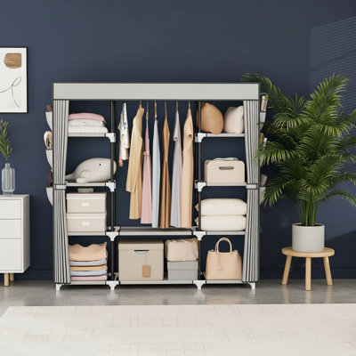57.3-Inch Gray Freestanding Portable Wardrobe For Hanging Clothes, Large Capacity Hangers With Lids, 10 Storage Shelves, 1 Hanging Rod, And 6 Pockets. by Ebern Designs