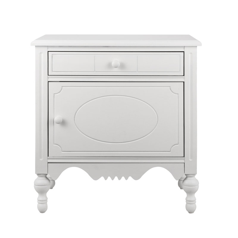 Maribel Vintage Carved Nightstand With Drawer, Cabinet, And Gourd Legs, Ivory White
