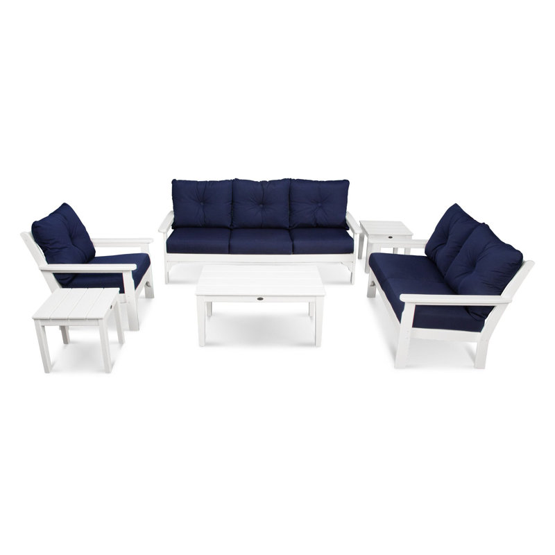 Ensemble de conversation à assise profonde 6 pièces Vineyard, Bleu marine, Blanc