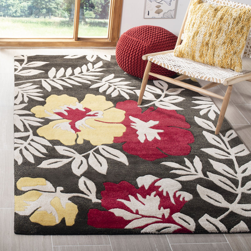 Tapis floral brun / jaune / rouge en laine / viscose touffeté à la main Aalst Soho, Rectangle de 5 pi x 8 pi