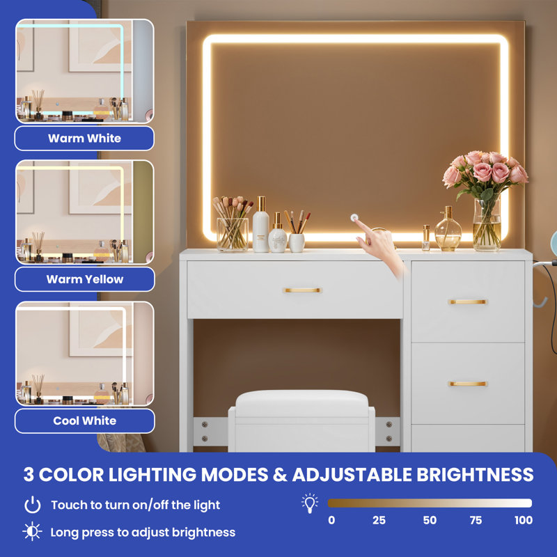 Coiffeuse élégante avec prises intégrées et miroir DEL, Blanc