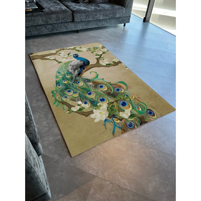 Green Themed Surrealist Peacock Patterned Creative Modern Decorative Rug