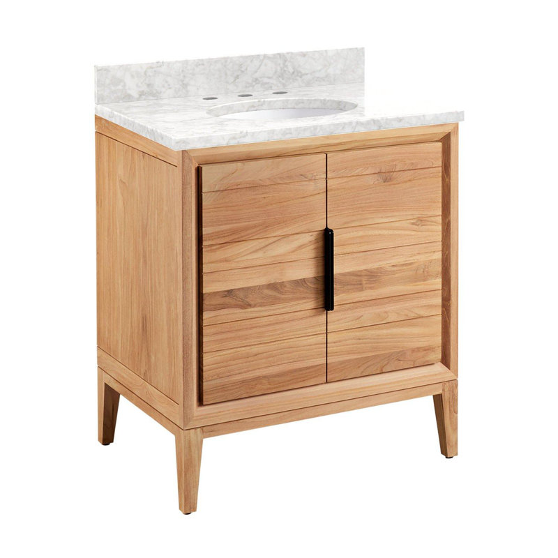 30" Aliso Single Bathroom Vanity Set with Oval Undermount Sink, 8" Widespread, Carrara Marble, Natural Teak
