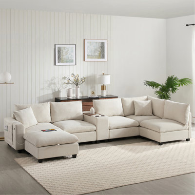 Canapé modulaire surdimensionné de 140 po avec repose-pieds et console de rangement amovibles, poches de rangement amovibles, porte-gobelet, siège large, chargeur USB, canapé en velours côtelé à 6 places pour salon, 2 couleurs