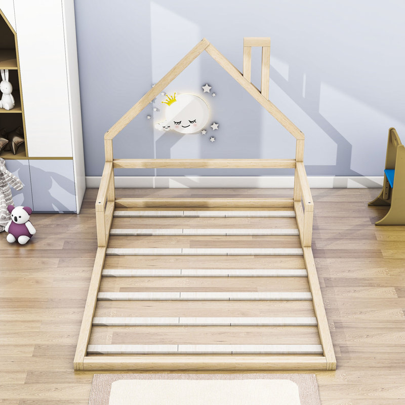 Lit plateforme double en bois avec toit amovible, Naturel