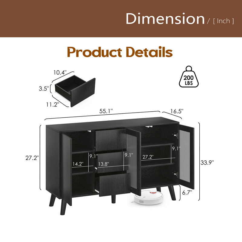Bar à café 55,5 po avec 3 tiroirs et portes escamotables, grand buffet rustique pour la salle à manger, la cuisine, le couloir et le salon