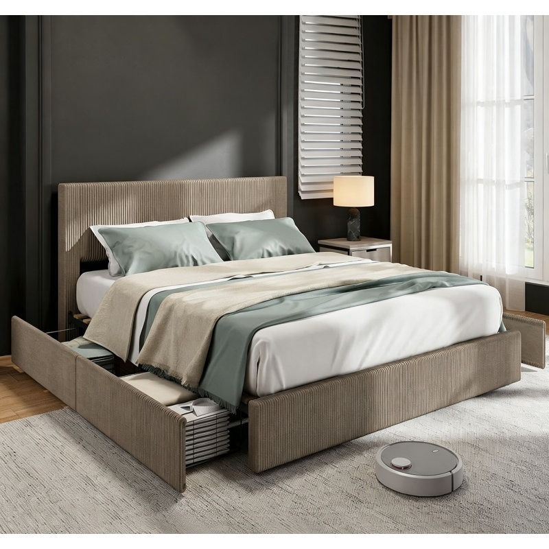 Bed Frame, Full/Queen/King Platform Bed w/ 4 Storage Drawers, Upholstered Corduroy Channel Tufted Headboard Bed Frame w/ Strong Wooden Slat Support