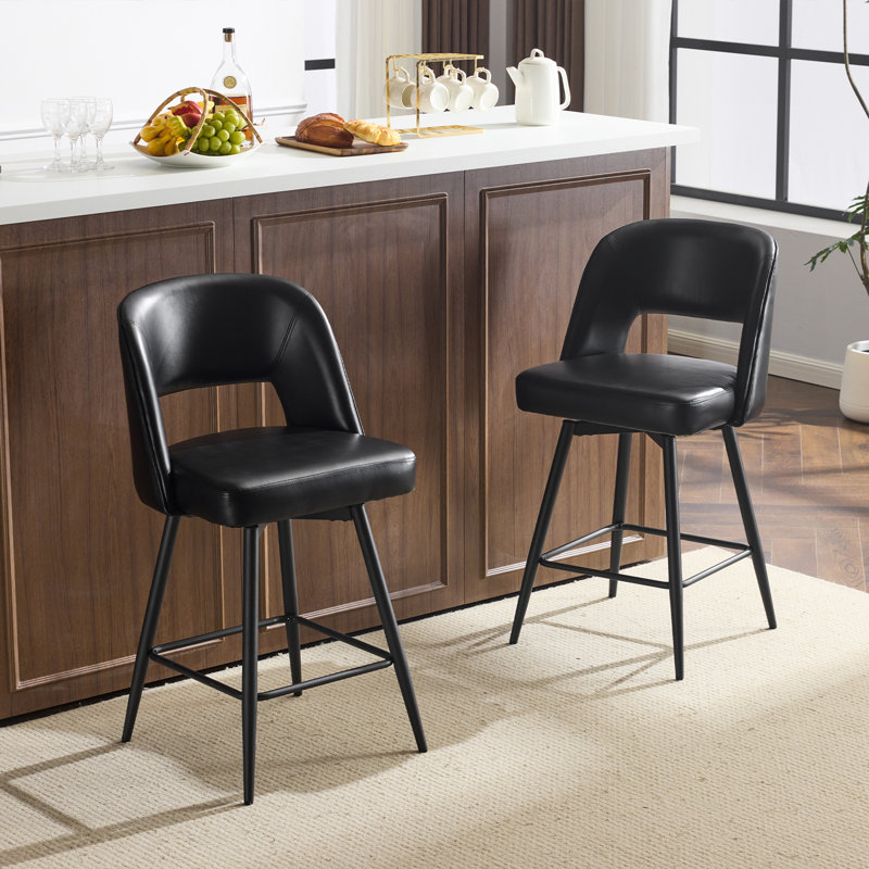 Set Of 2 PU Leather Bar Stools With Hollow Backrest, Iron Legs, Swivel, Black