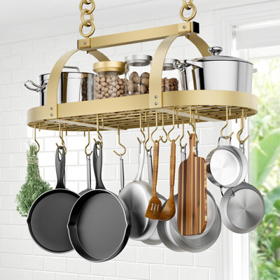 Support suspendu pour casseroles et poêles, doré, 34 pouces, ovale, à fixer au plafond (pour solives de 16 et 24 pouces).