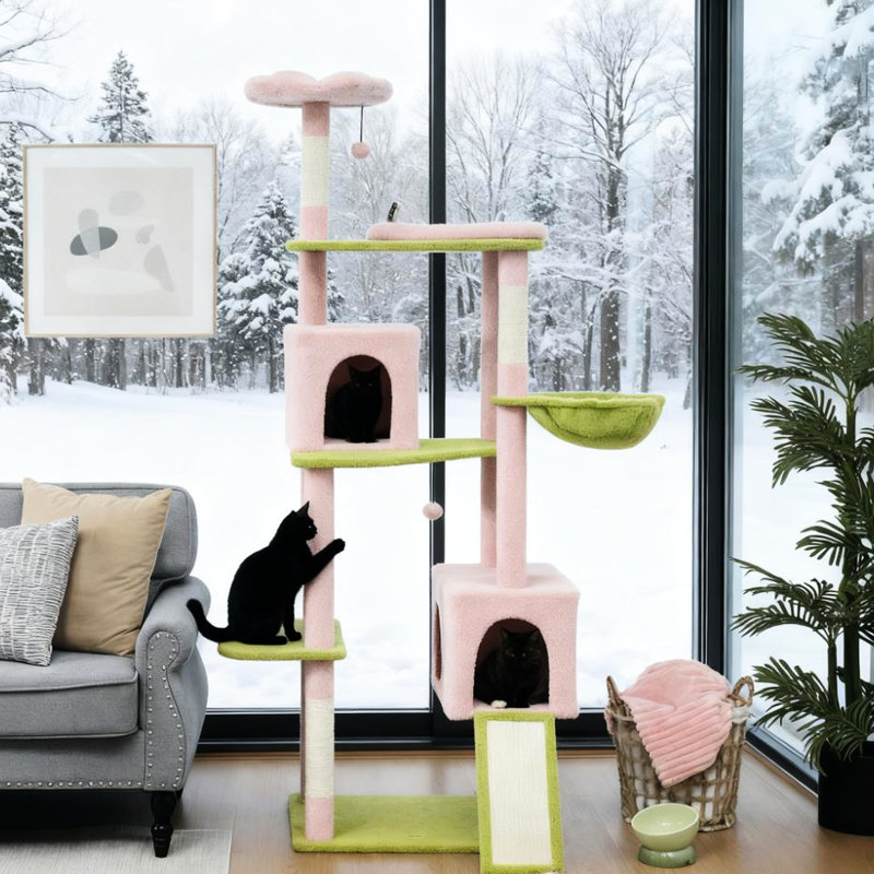 73.6" Multi - Level Cat Tree With Flower Design, Two Condos, , And Scratching, Widened Base For Large Multiple Perches, Tip Strap Stability