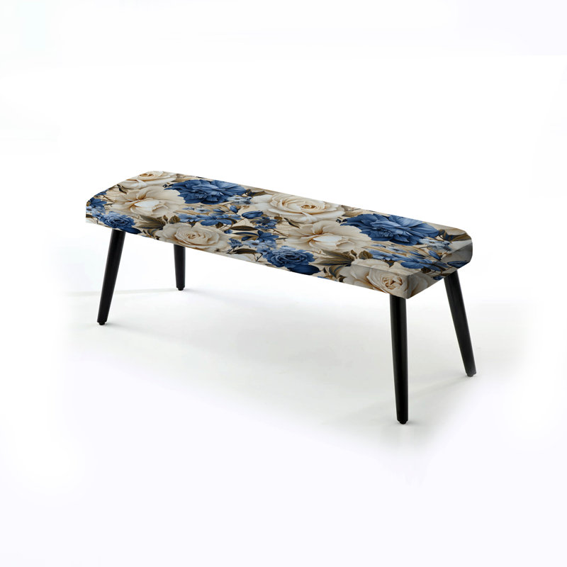 Blue Renaissance Roses Victorian Pattern VI - Floral Upholstered Black Bench