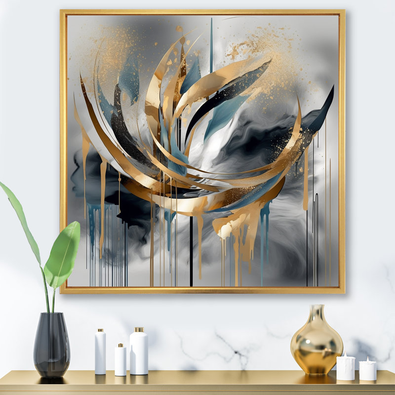 Art abstrait, formes abstraites et lignes infinies III, Cadre flottant doré, H 30 po x l 30 po x P 1,5 po
