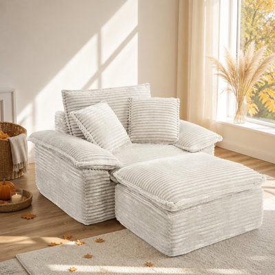 Oversized Sofa Chair and a Half with Deep Seat & Movable 2-Layer Ottoman Set, Cloud Sofa Bed with Chaise, 1-Seater Modular Sectional Sleeper Couch for Living Room, No Assembly Teddy-Fleece, Beige