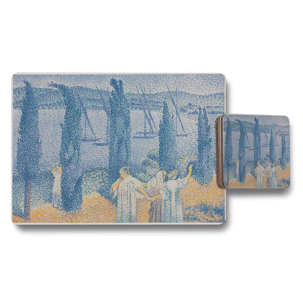 Impressionist Seascape Placemat And Coaster Set With Blue Waterfront Artwork