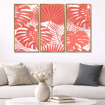 " Tropical Retro Foliage Coral I " 3 - Pieces