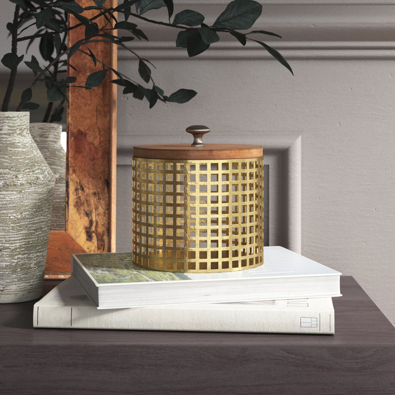 Boîte décorative cylindrique en bronze bronze avec couvercle en bois