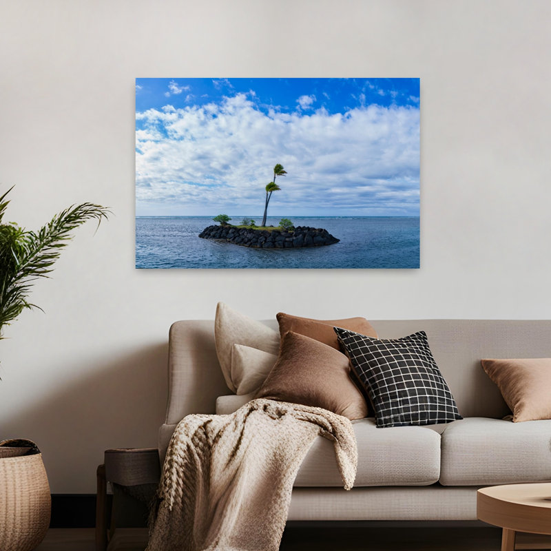 Vue sur une île sur la mer, Oahu, Hawaï, États-Unis, H 32 po x l 48 po