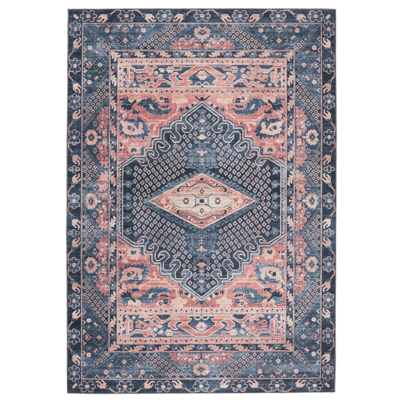 Tapis bleu foncé / rose lavable à la machine Issa, Rectangle 6 pi x 9 pi