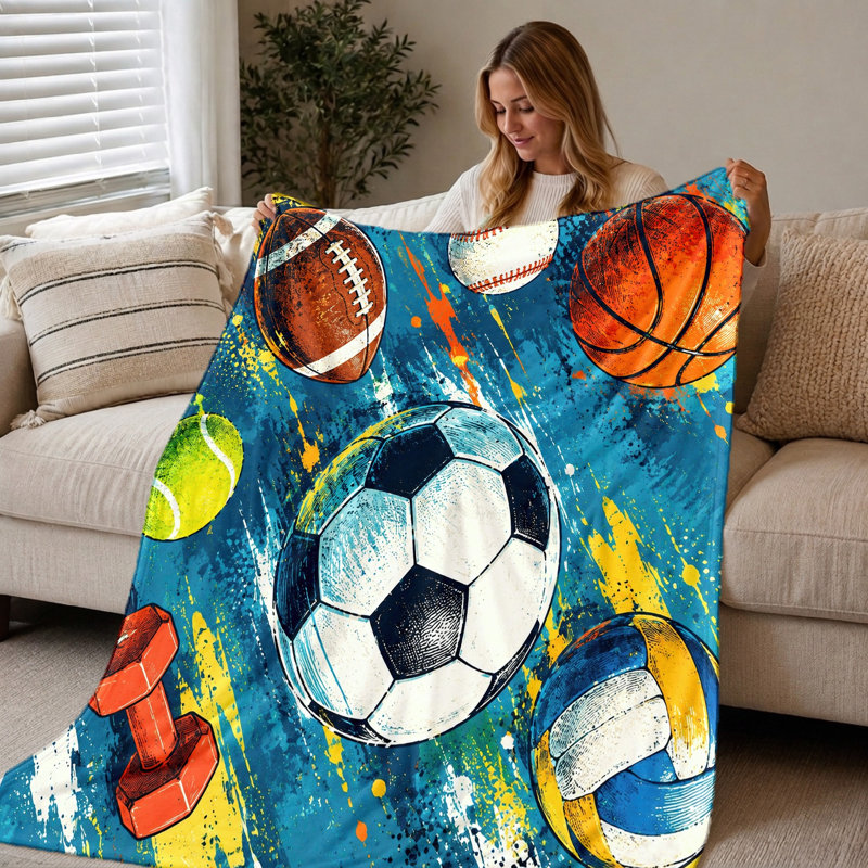 Couverture en patchwork à motifs de ballons de sport (1 pièce) - Design vibrant ; expression artistique. Parfait pour les passionnés. Accessoire de sofa et de literie. Décoration pour le salon et la chambre. Confort et détente assurés. Idée-cadeau idéale. Articles de literie et de canapé.