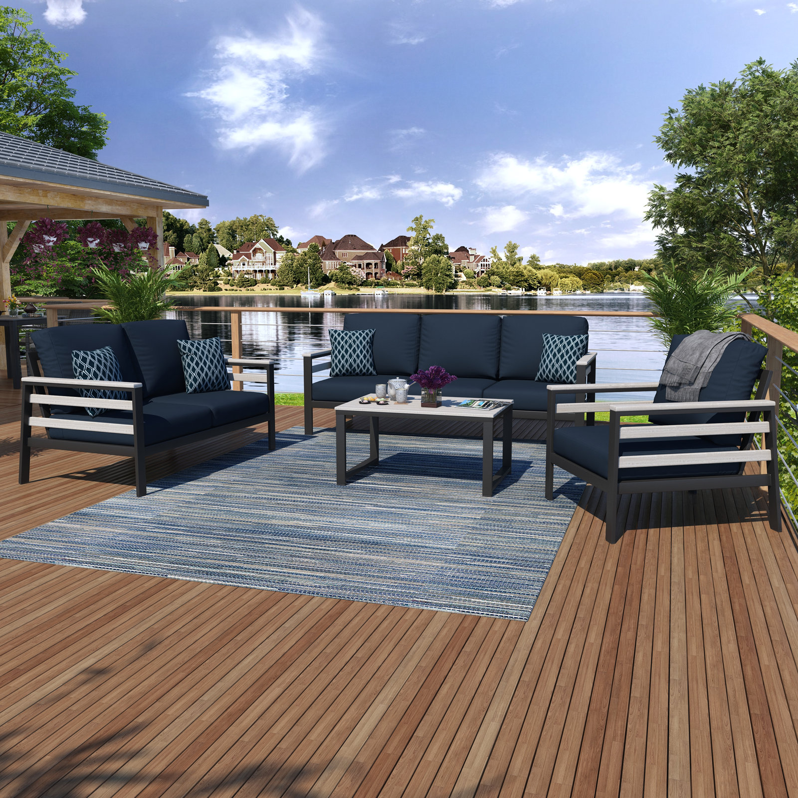 Townsend - Person Patio Conversation Set with Cushions, Canvas Navy Sunbrella® Canvas