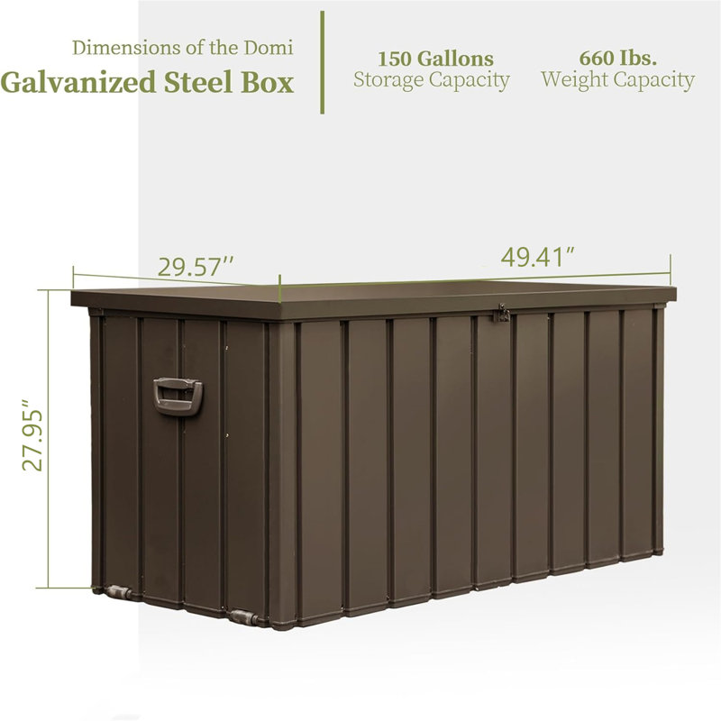 Boîte de rangement extérieure 150 gallons imperméable, H 27,95 po x l 49,41 po x P 29,57 po, Marron foncé
