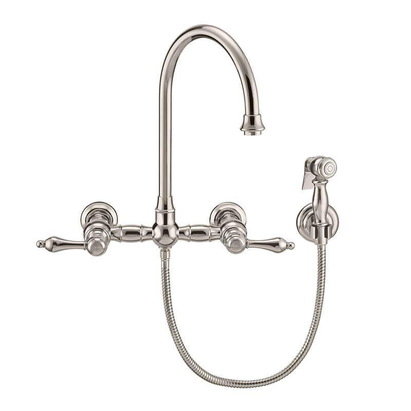 Whitehaus Collection Wall Mount Faucet with Gooseneck Swivel Spout and Solid Brass Side Spray, Polished Nickel, Lever Handles