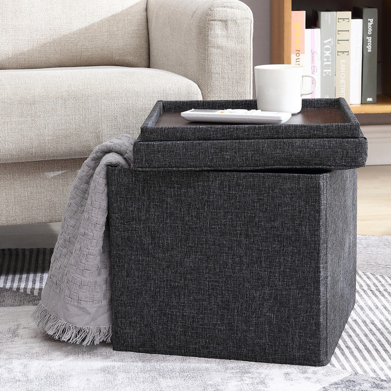 Hilsa Upholstered Ottoman, Black Linen Blend