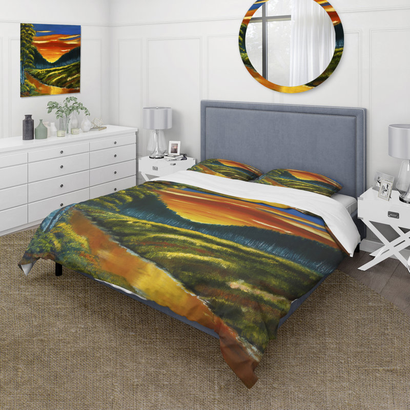 Coucher de soleil chaud au-dessus du lotus Lotus - Ensemble de housse de couette traditionnel - Microfibre de polyester