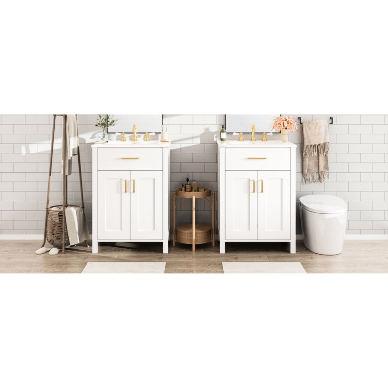 Meuble-lavabo double de 48 pouces avec lavabos en céramique, finition peinte, porte à fermeture en douceur et tablette réglable en forme de U pour une organisation de salle de bain moderne et efficace avec tiroir rabattable, poignées dorées A