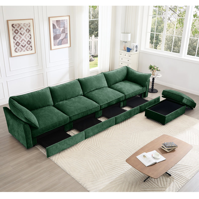 4 places en forme de L, coussins en chenille, mobiles, à dossier et accoudoirs enveloppants, et fonctionnalité de rangement en chenille avec tiroirs en forme de croissant pour le confort de la maison