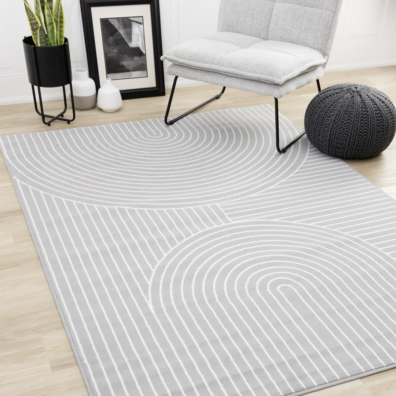 Fresno Grey White Double Arches Striped Area Rug, Rectangle 7'9" x 10'6"