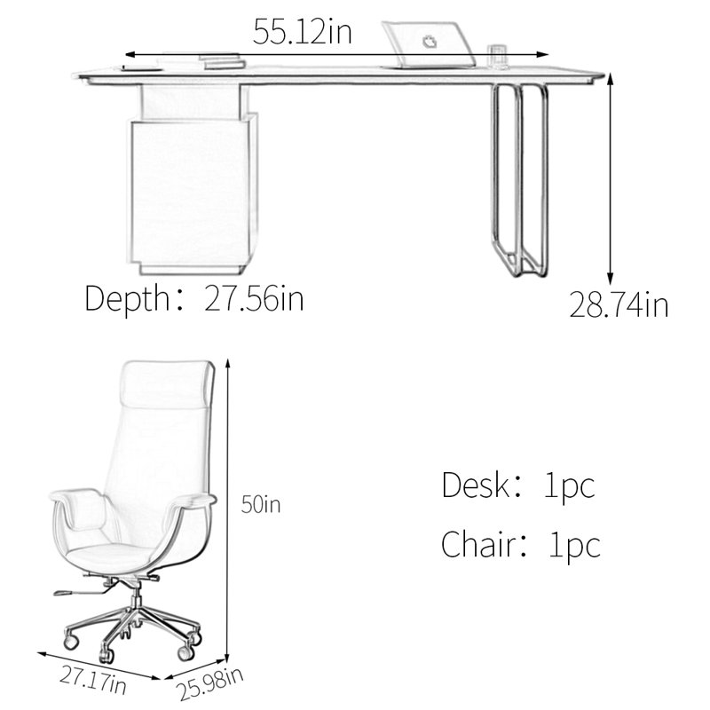 Bureau en pierre frittée avec tiroirs, Blanc / Gris, H 28,74 po x l 55,12 po x P 27,56 po