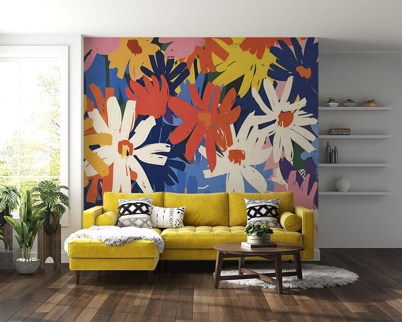 Murale éclatante florale abstraite, L 108 po x l 96 po