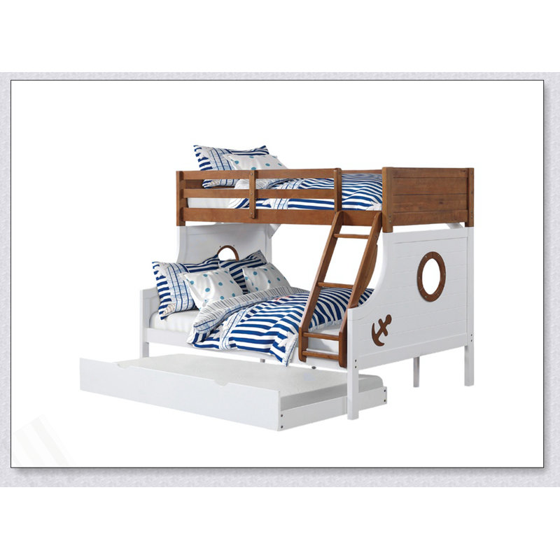 Lit superposé simple au-dessus d'un lit double de style moderne moderne avec des rails en échelle attachés et une structure de joint verrouillable pour la sécurité.
