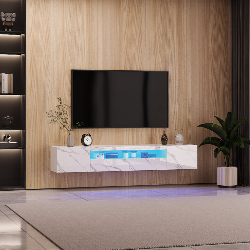 High Gloss TV Stand with Storage to 80'', Floating Entertainment Center with LED for Living Room, White Marble