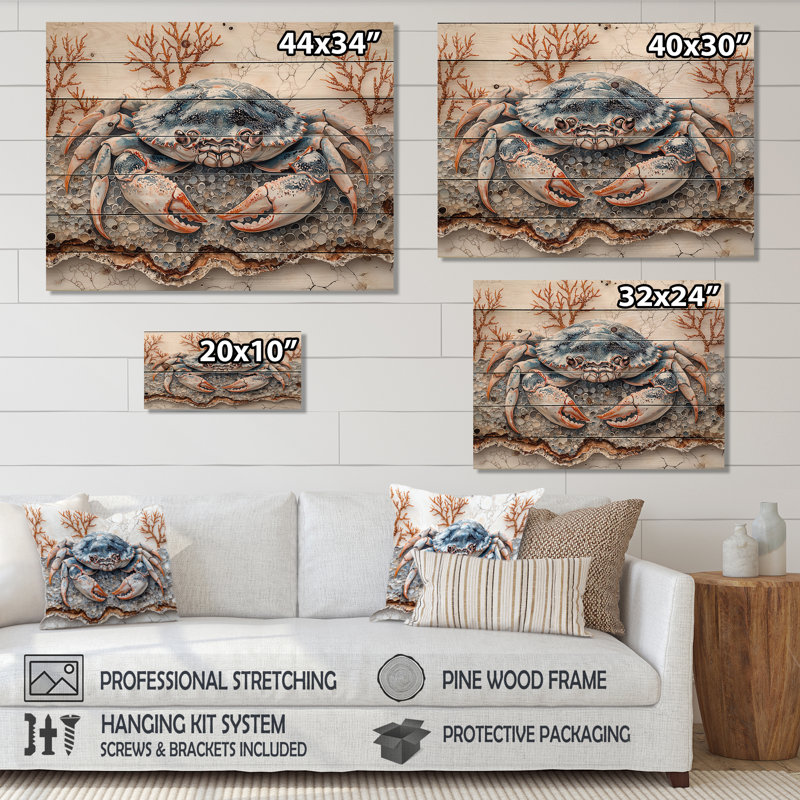 Aquarium Blue And White With Large Crab II - Crab Wood Wall Art - On Natural Pine Wood, 30" H x 40" W x 0.78" D