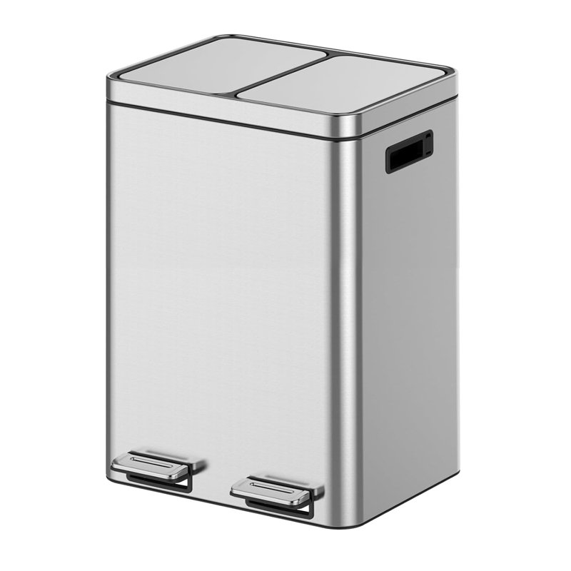 Deux poubelles de recyclage à deux compartiments en acier inoxydable brossé de 8 gallons avec pédale à fermeture en douceur Compartmen