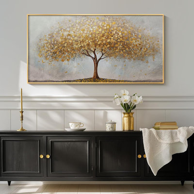 Large Framed Tree Of Life Gold Wall Art, Modern Canvas Prints Paintings Artwork For Walls, Luxury Golden Big Tree Pictures For Bedroom Dining Room Fireplace Office Living Room Wall Decor