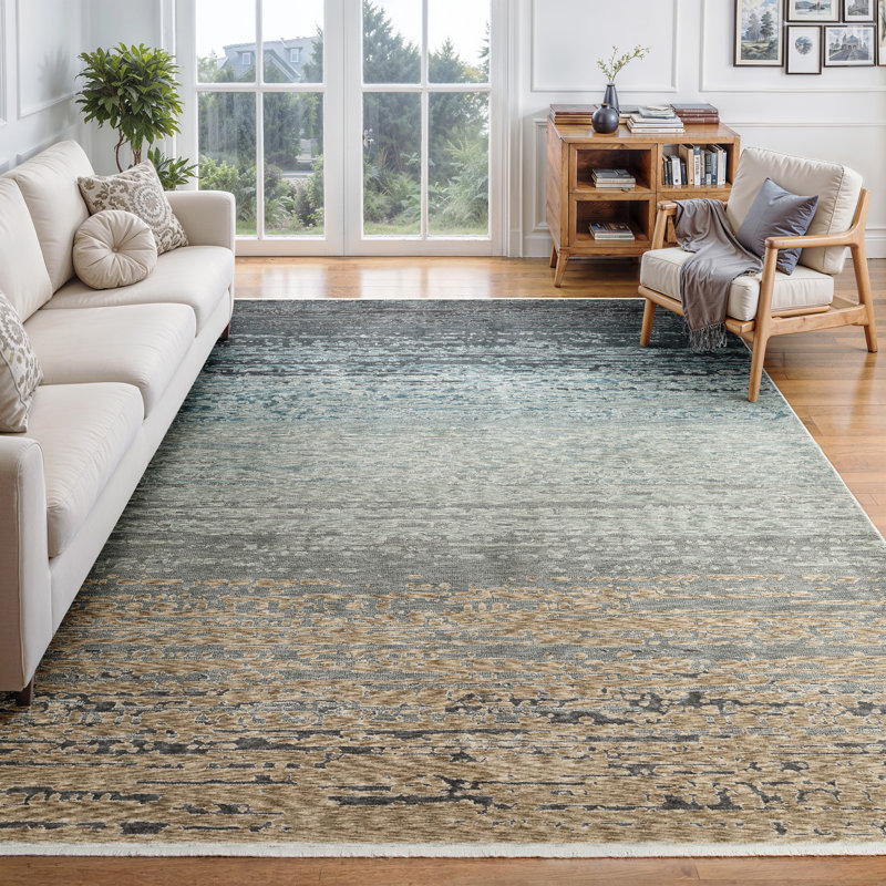 Ehlena Distressed Ombre Blue/ Beige Area Rug, Rectangle 9'10" x 12'11"